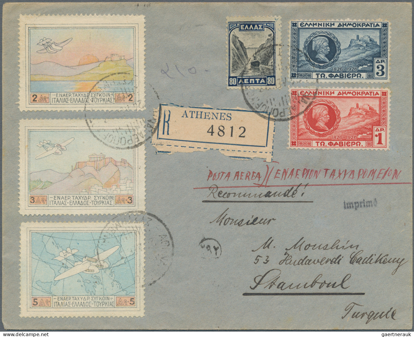 Greece: 1927/1934, Lot Of Five Airmail Covers, Thereof Four Bearing Frankings Of - Brieven En Documenten