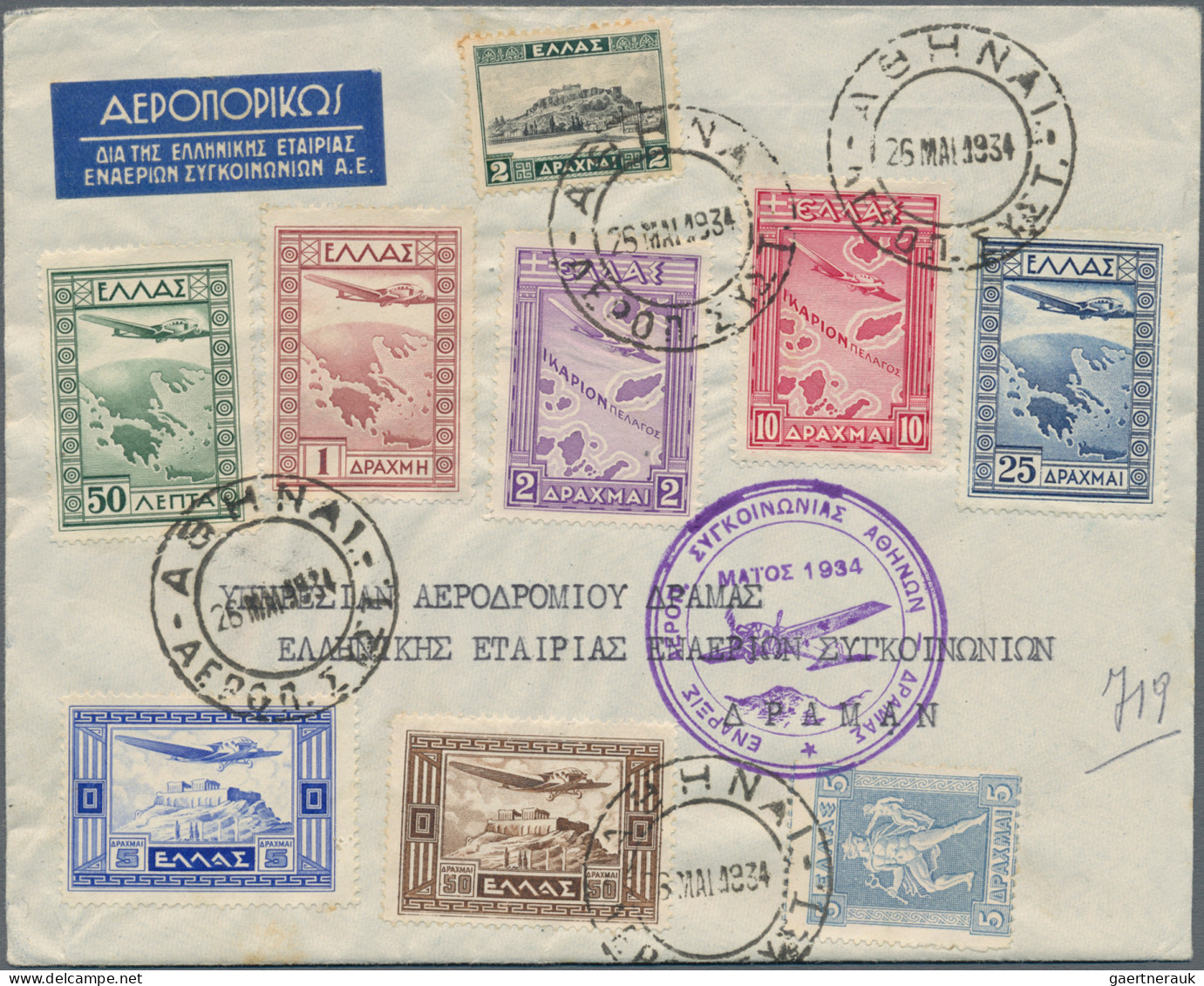 Greece: 1927/1934, Lot Of Five Airmail Covers, Thereof Four Bearing Frankings Of - Lettres & Documents