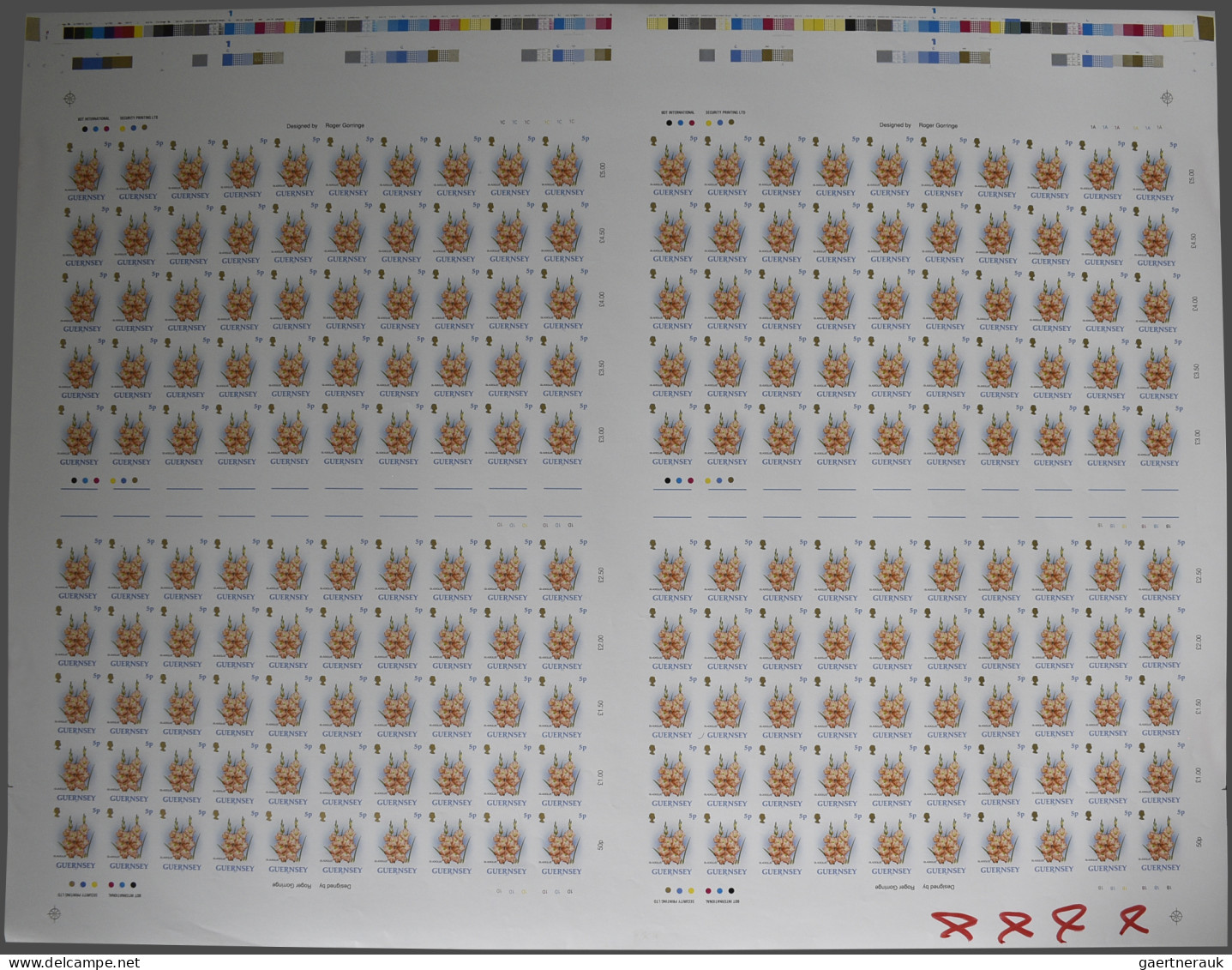 Guernsey: 1992/1995. Complete set (10 values) in IMPERFORATE printing sheets of