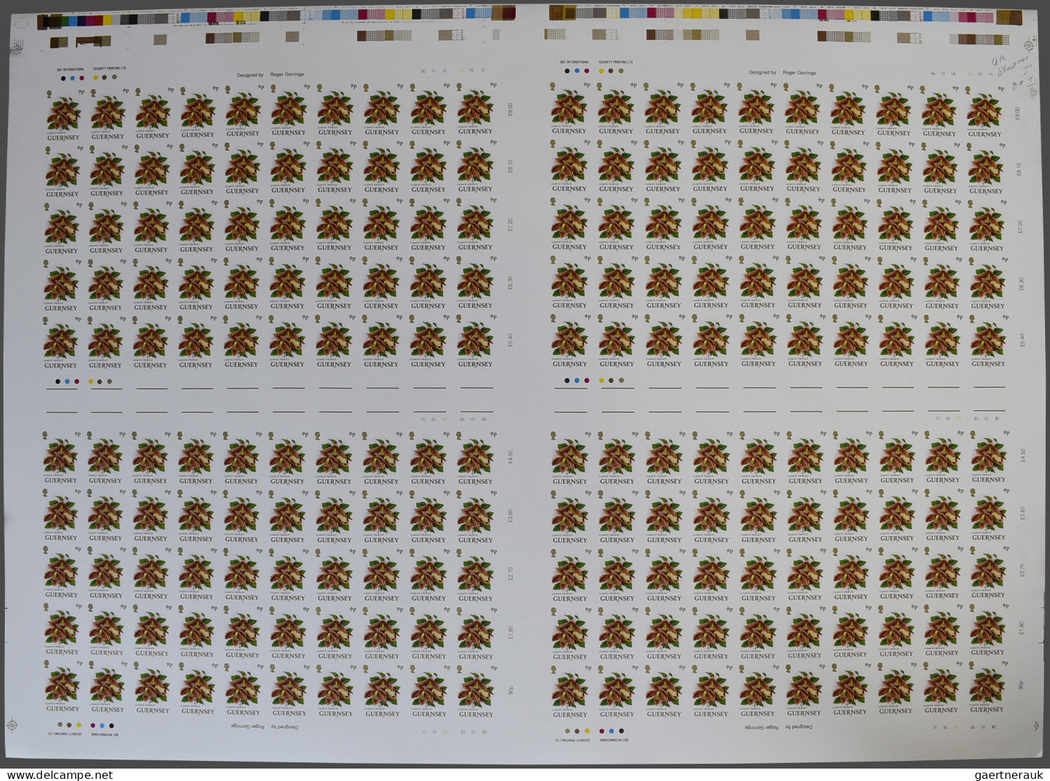 Guernsey: 1993. Complete set (10 values) in IMPERFORATE printing sheets of 200 s