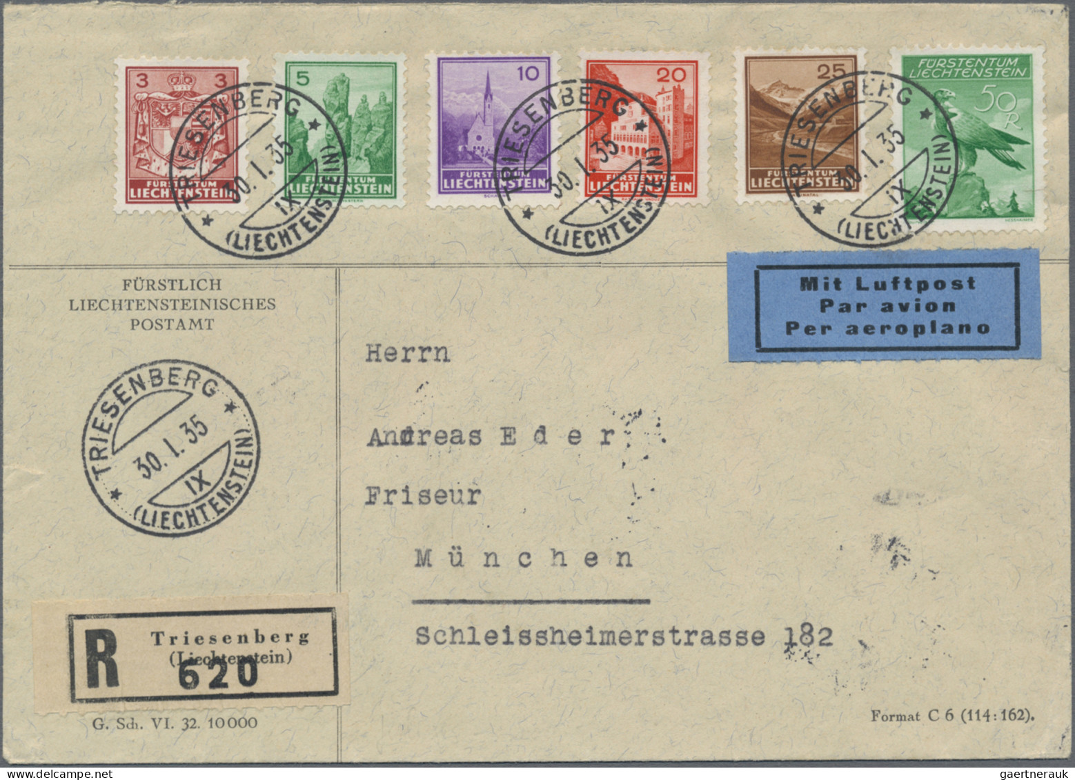 Liechtenstein: 1932/1958, Partie Von Sieben Dekorativen Belegen, Davon Fünfmal E - Lotes/Colecciones