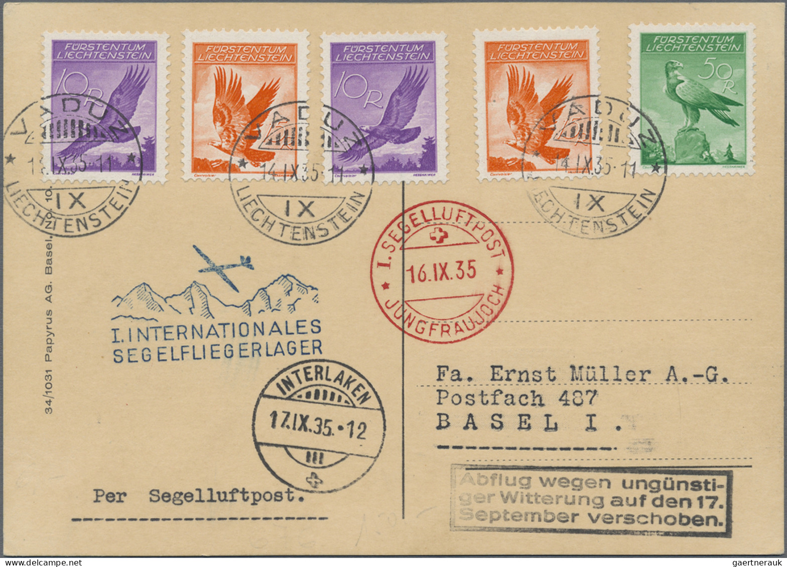 Liechtenstein - Besonderheiten: 1935, I.Int. Segelfliegerlager Jungfraujoch, 6 V - Sonstige