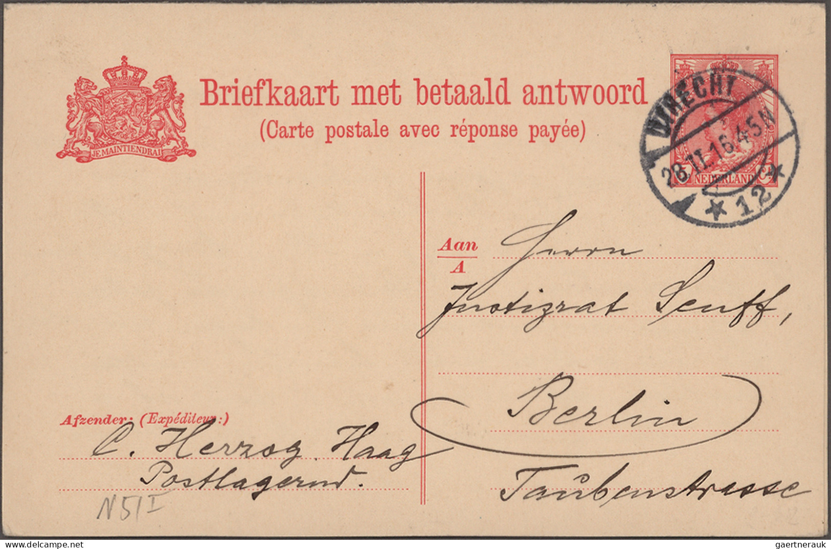 Netherlands - postal stationery: 1888/1916, lot of ten used double cards, thereo
