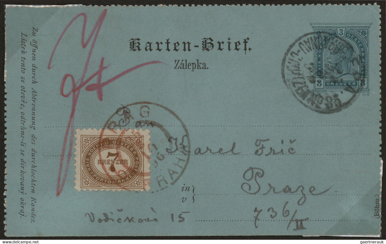 Österreich: 1894/1918, PRAGER POSTAMT 1 in ROT, Spezial-Sammlung von ca. 80 Bele