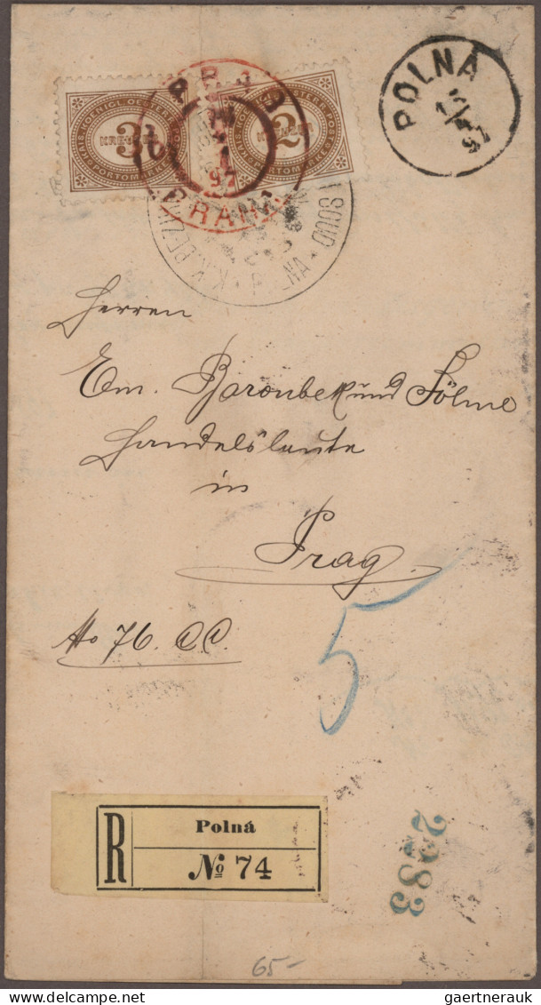 Österreich: 1894/1918, PRAGER POSTAMT 1 in ROT, Spezial-Sammlung von ca. 80 Bele