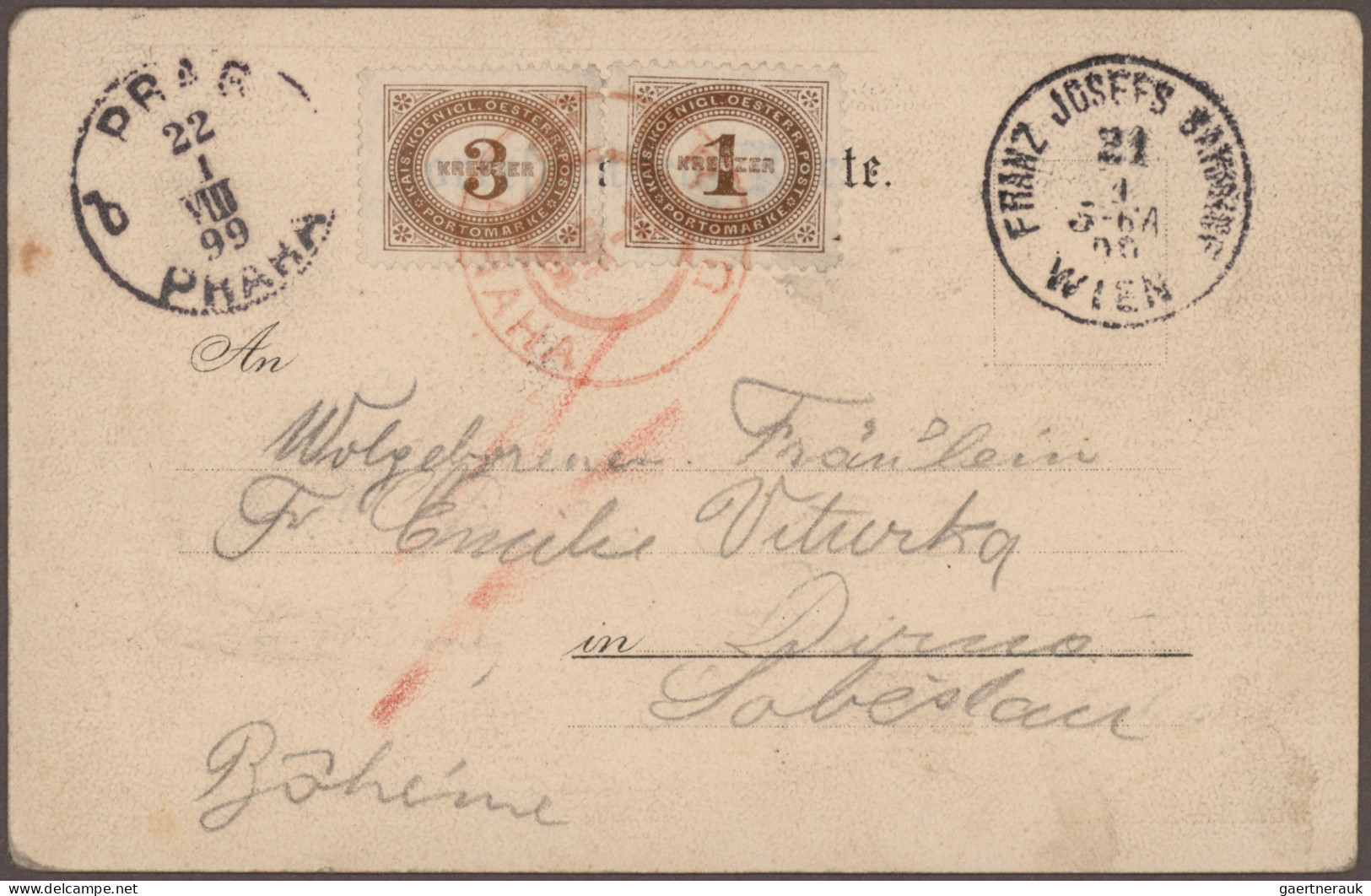 Österreich: 1894/1918, PRAGER POSTAMT 1 in ROT, Spezial-Sammlung von ca. 80 Bele