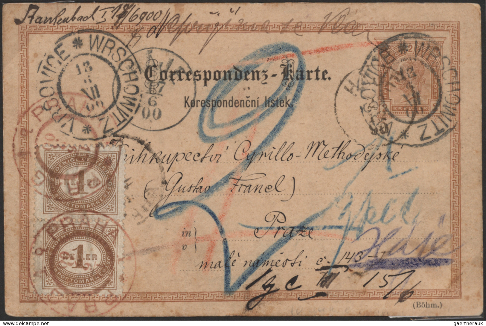 Österreich: 1894/1918, PRAGER POSTAMT 1 in ROT, Spezial-Sammlung von ca. 80 Bele