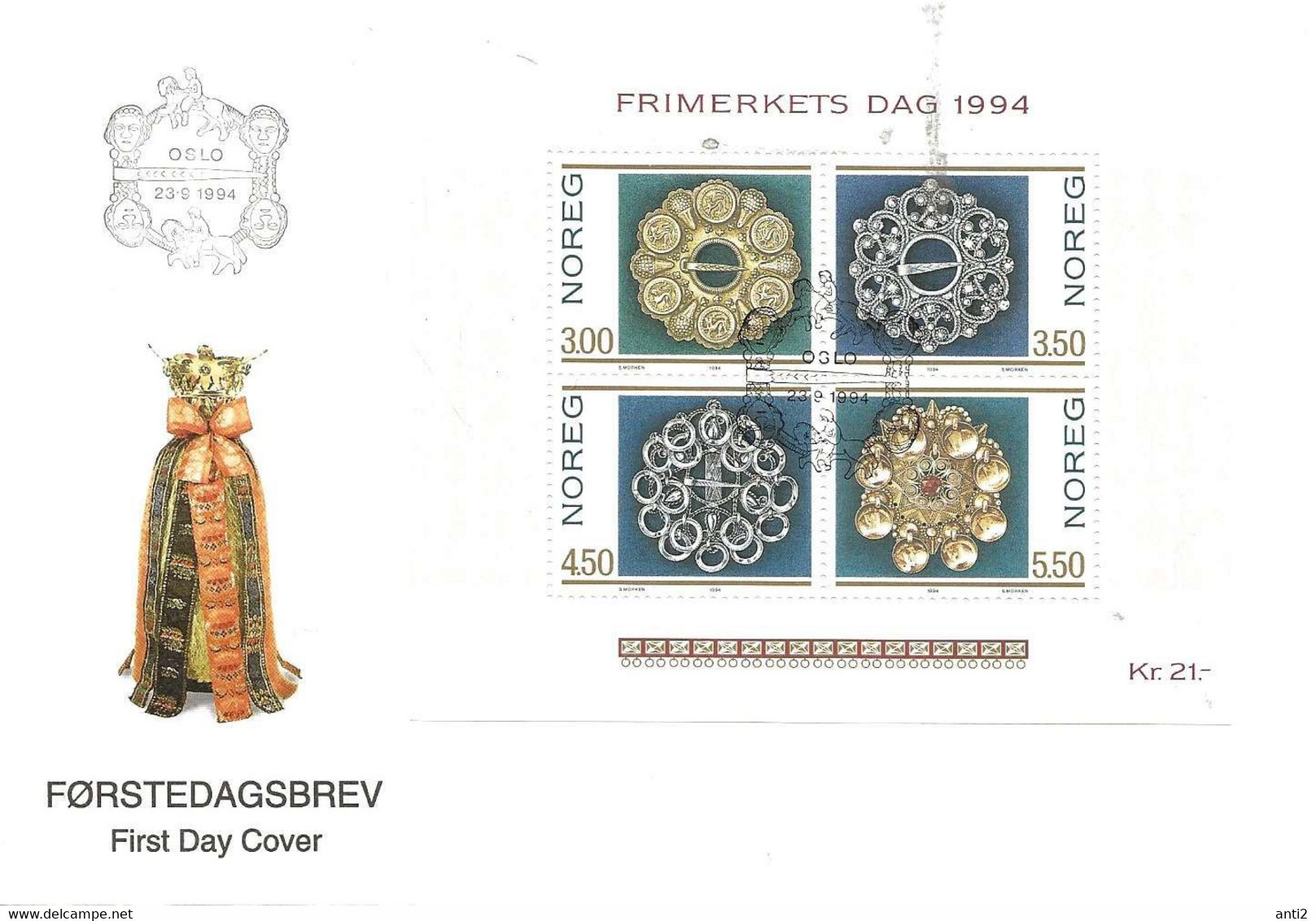 Norway Norge 1994 Stamps Day, Silver For Costumes Mi Bloc 21 , FDC - Brieven En Documenten