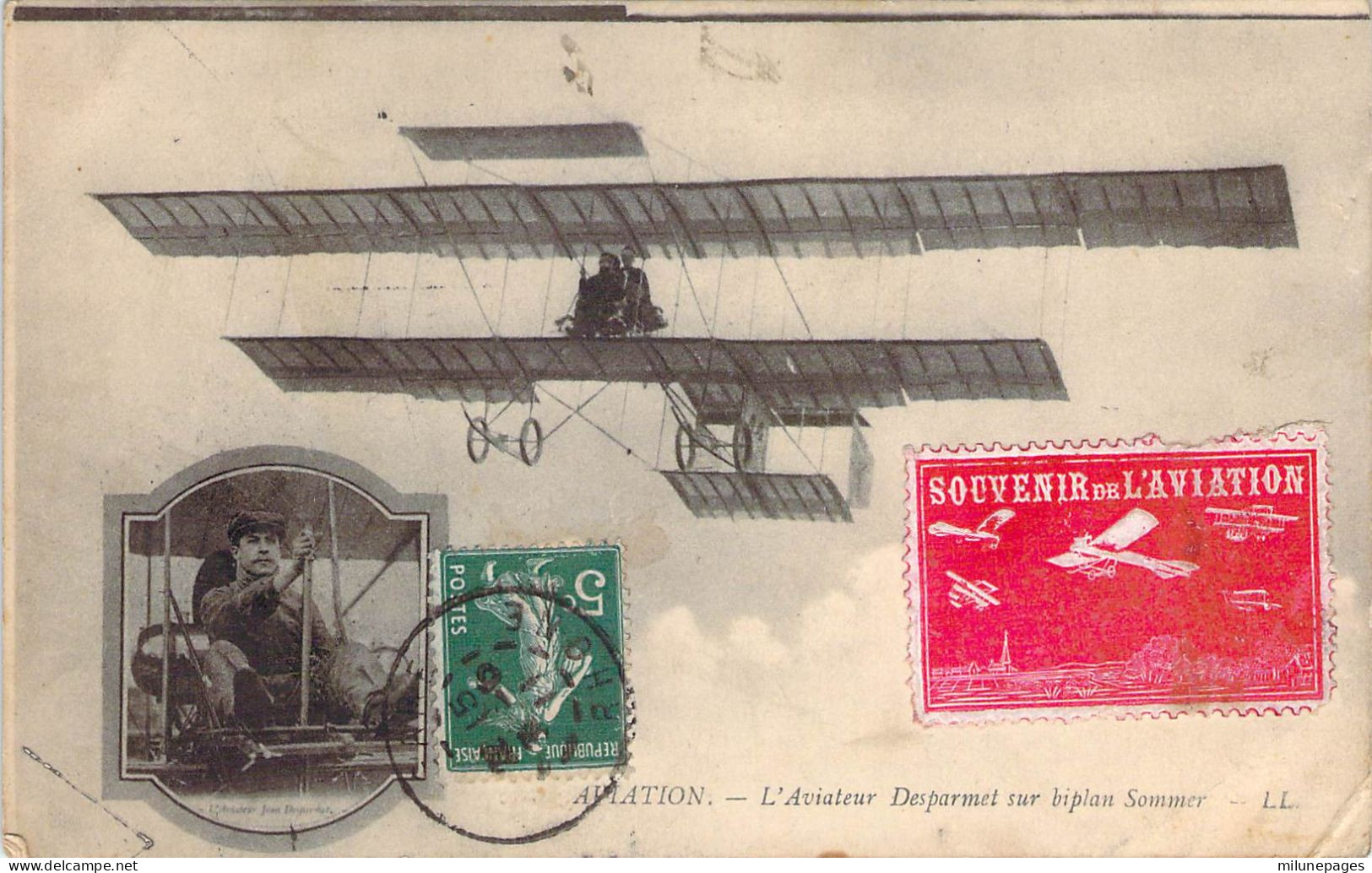 Vignette Rouge Gauffrée "Souvenir De L'Aviation"  Sur Carte De L'aviateur Desparmet Sur Biplan Sommer Obl. Lyon 1911 - Aviación