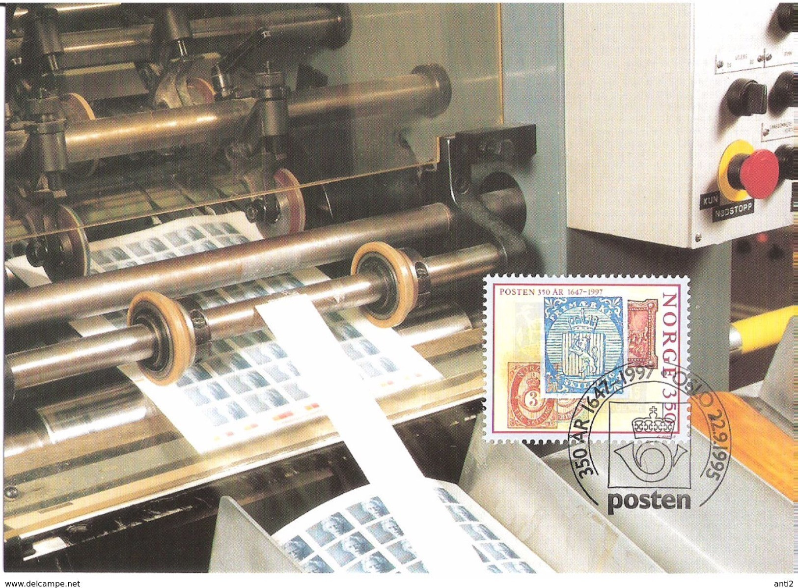 Norge Norway 1995 Norwegian Post 350 Years, First Stamps, Stamp Printing , MK 6-95 With Mi 1195, Maximumcard - Maximum Cards & Covers