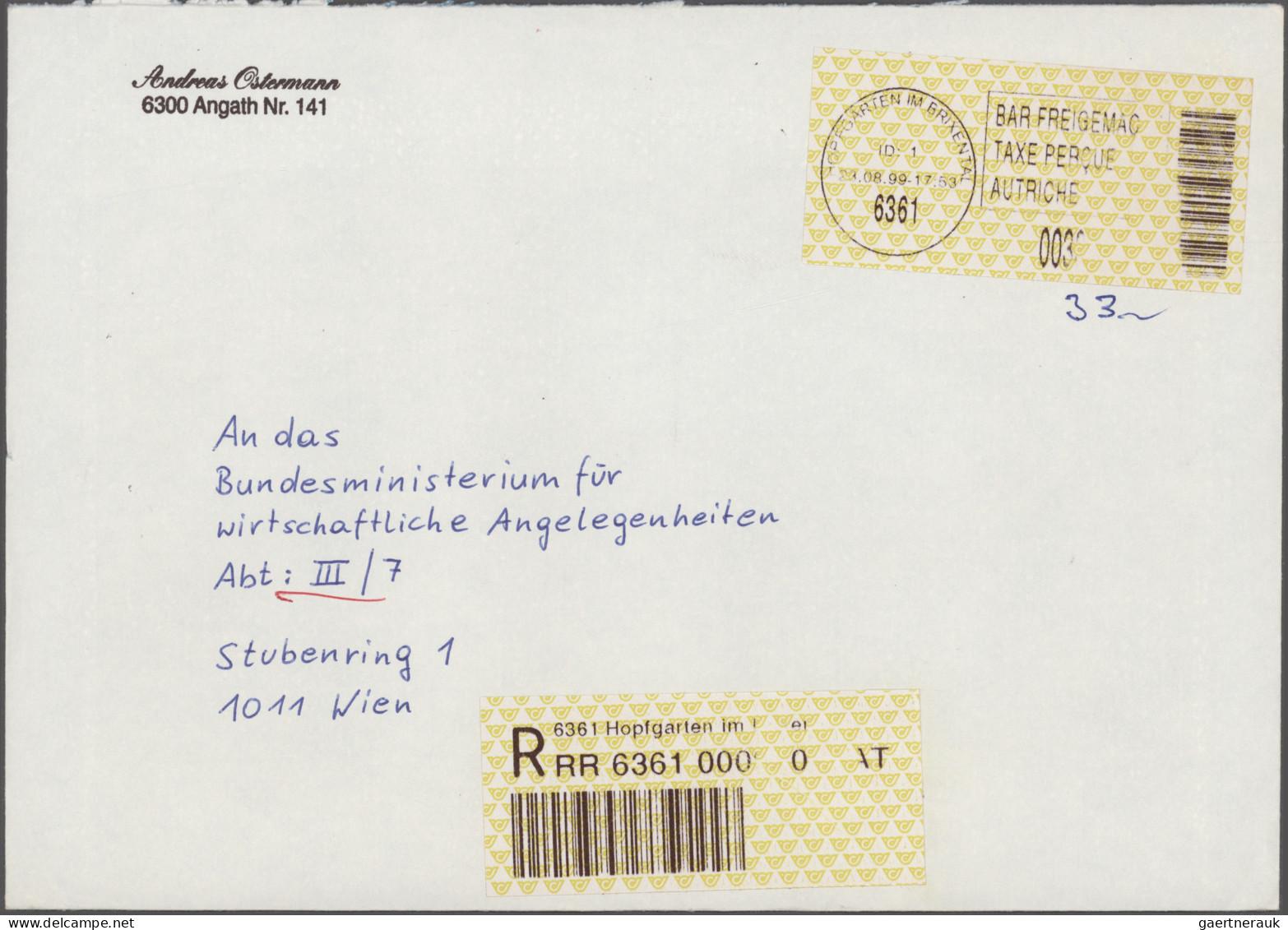 Österreich - Besonderheiten: 1996 ab, DIE EINSCHREIBEZETTEL VON ÖSTERREICH in Ty