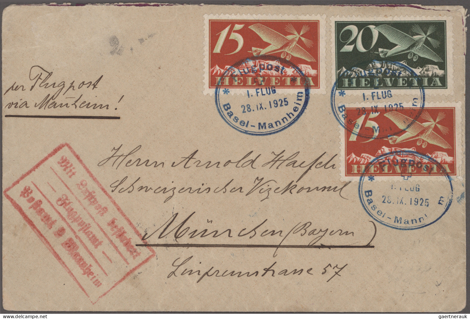 Schweiz: 1925-1957: 12 Luftpostbelege Ab Flugpost Basel-Mannheim 1925, Mit Zeppe - Collections