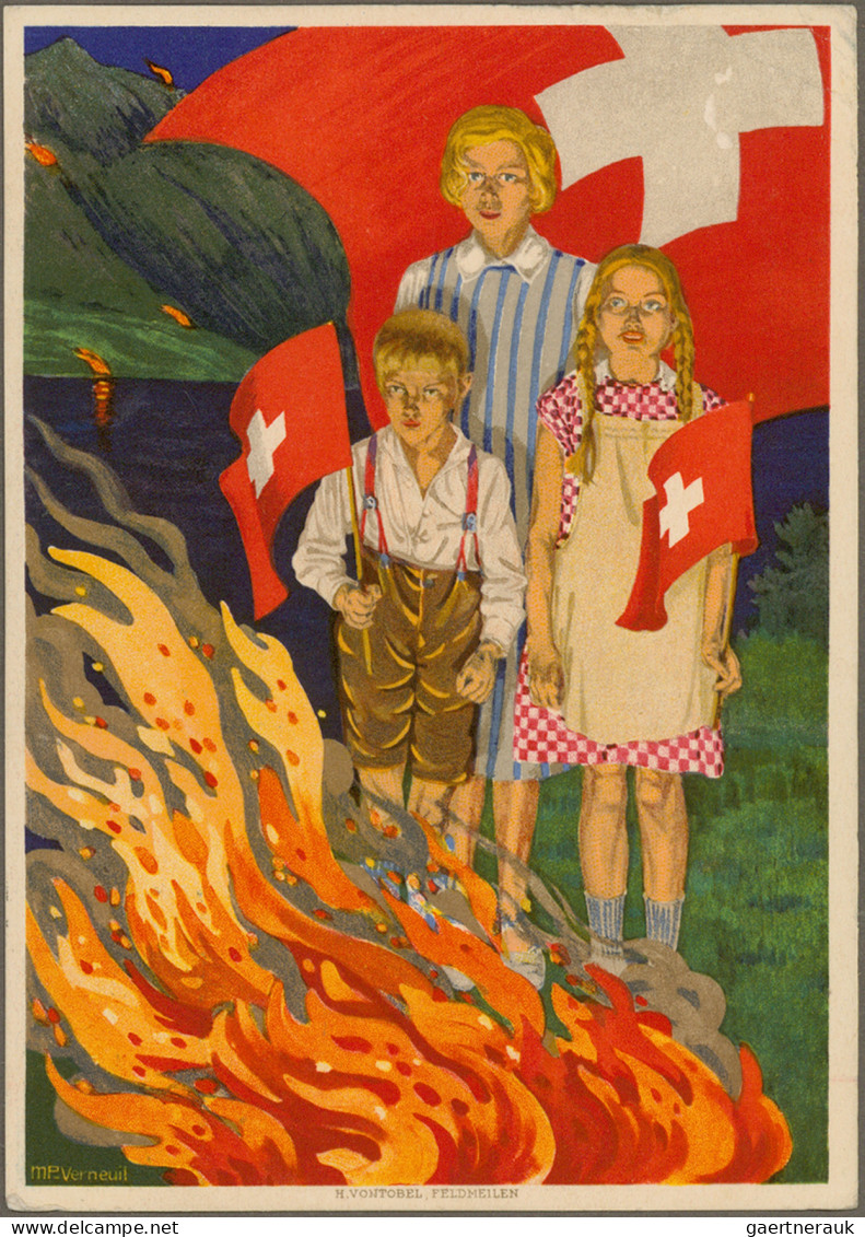 Schweiz - Ganzsachen: 1910-1937 Etwa 90 Bundesfeierkarten im Album, dabei "Turne