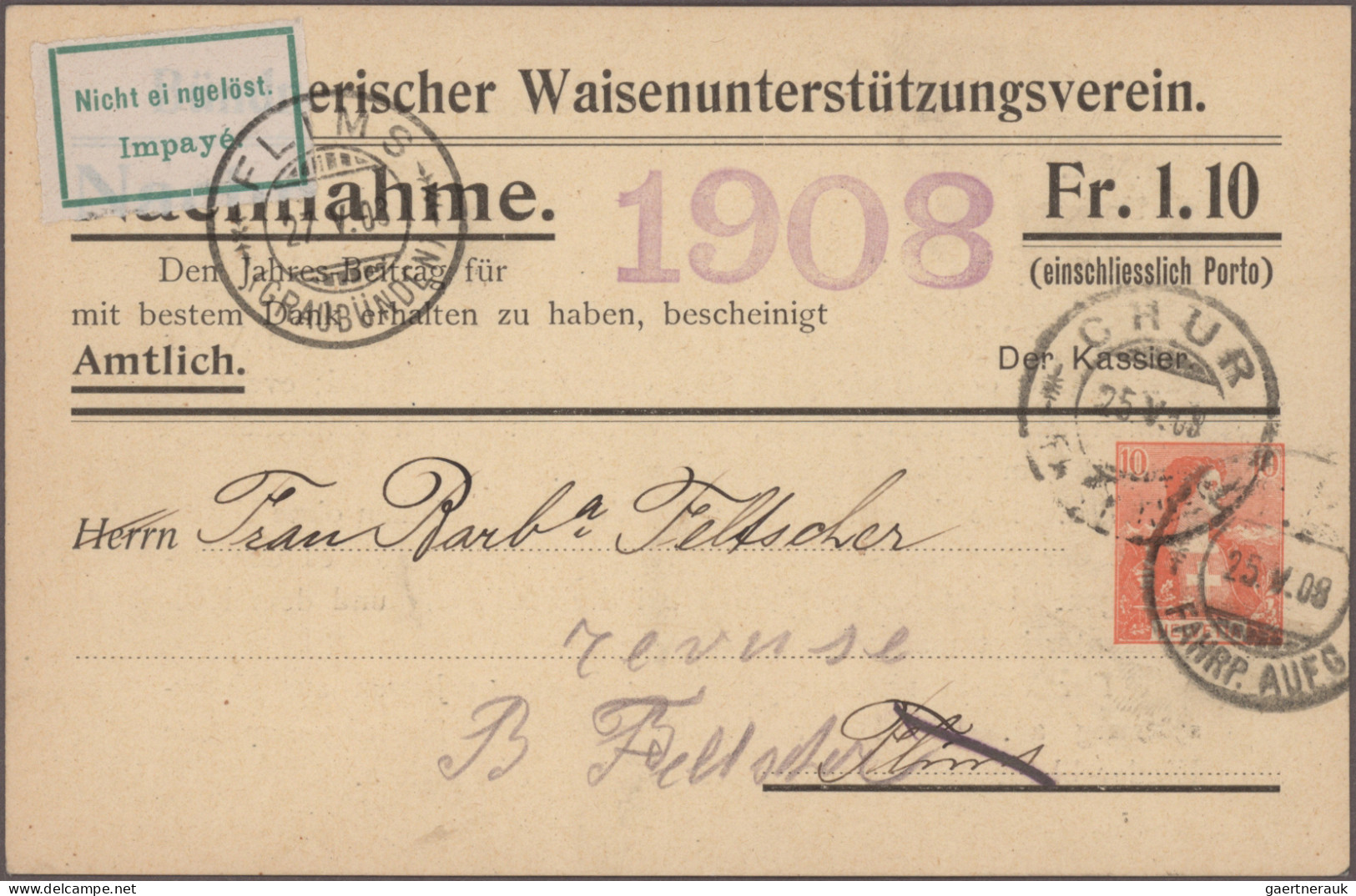 Schweiz - Privatganzsachen: 1908, Bestand Von Runed 170 Gebrauchten Nachnahme-Pr - Postwaardestukken