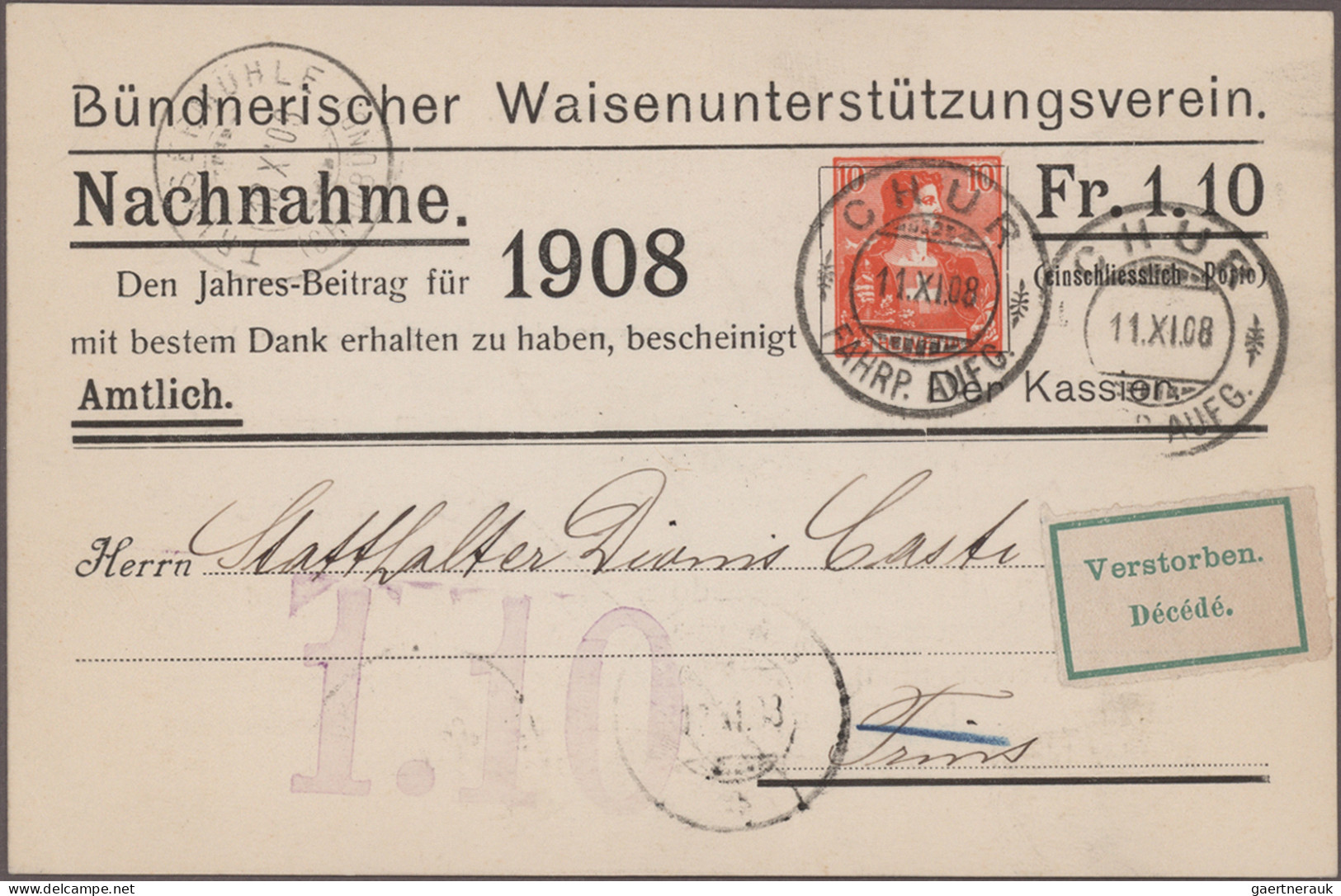 Schweiz - Privatganzsachen: 1908, Bestand Von Runed 170 Gebrauchten Nachnahme-Pr - Entiers Postaux