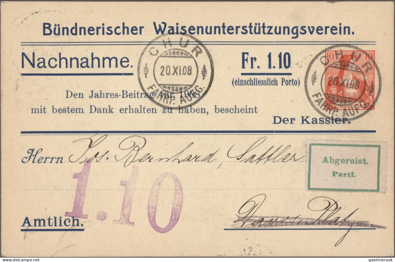 Schweiz - Privatganzsachen: 1908, Bestand von runed 170 gebrauchten Nachnahme-Pr