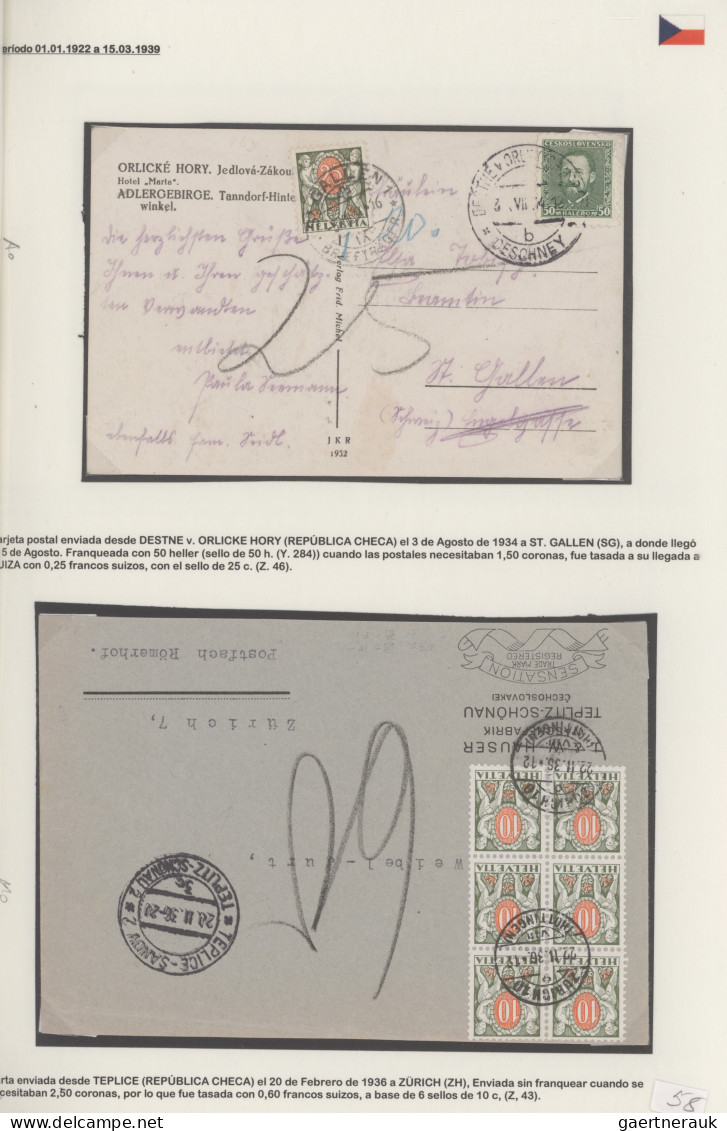 Czechoslowakia: 1911/1937 Collection Of 14 Covers And Postcards To Switzerland, - Covers & Documents