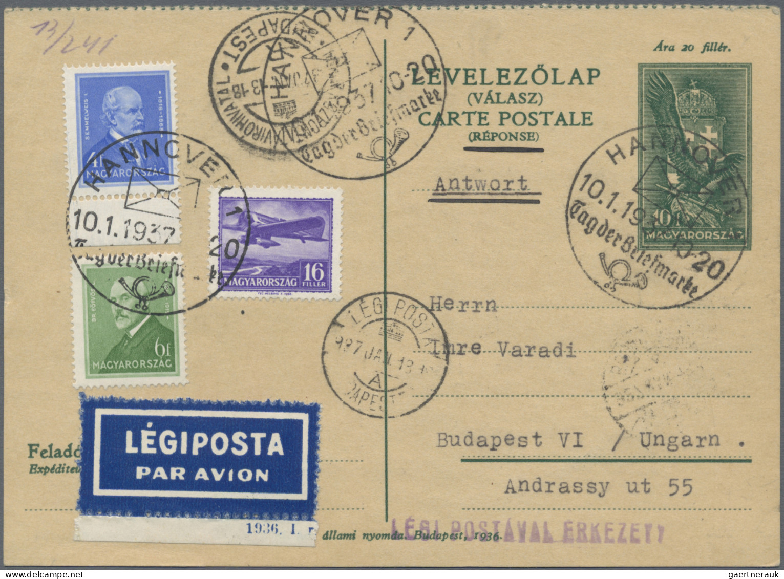 Hungary - Postal Stationary: 1936/1939, Assortment Of 15 Uprated Cards 10f. Gree - Interi Postali