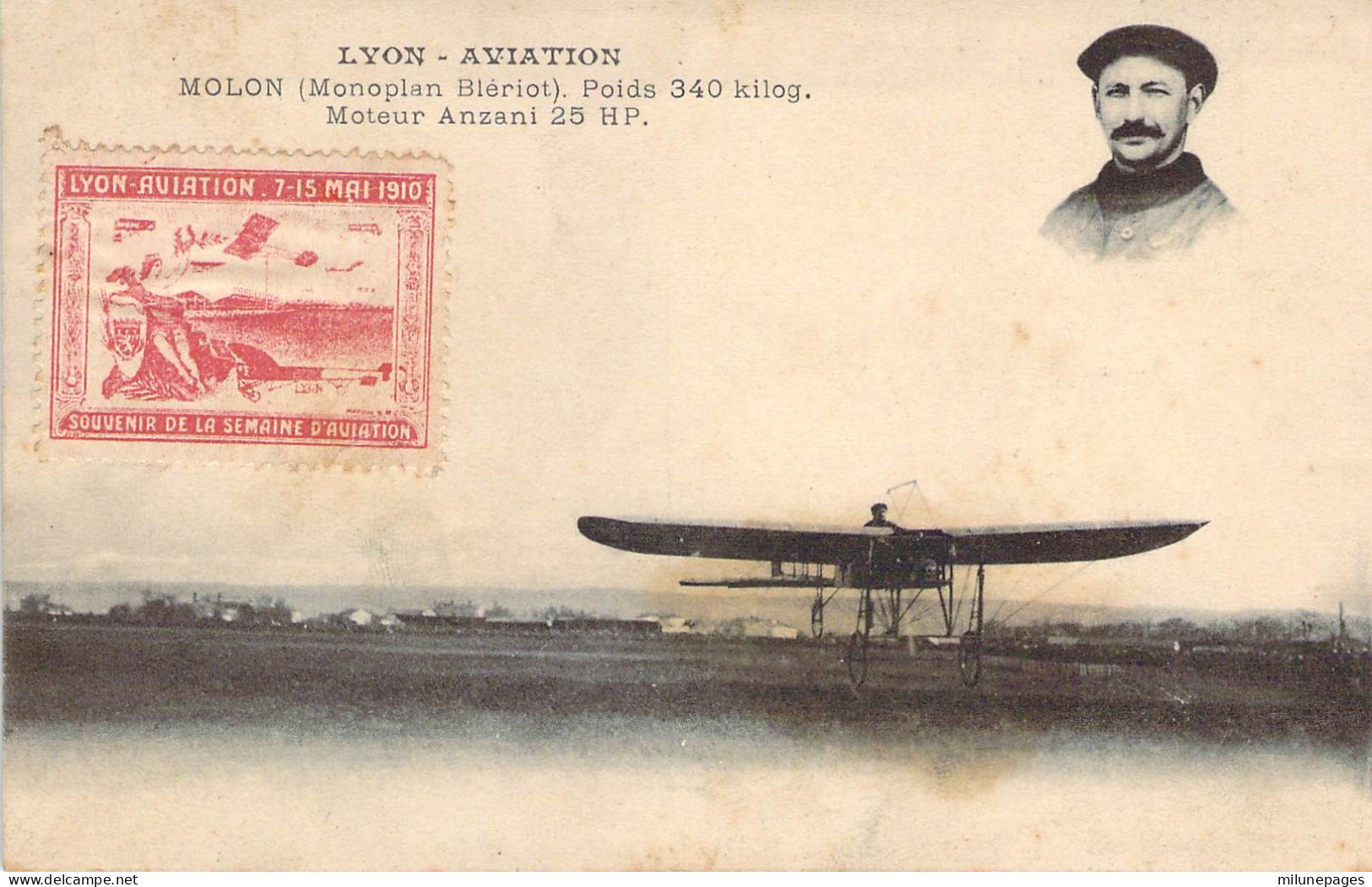 Vignette Rouge Semaine D'aviation Lyon Aviation 1910 Sur Carte De L'aviateur Molon Sur Monoplan Blériot - Aviation