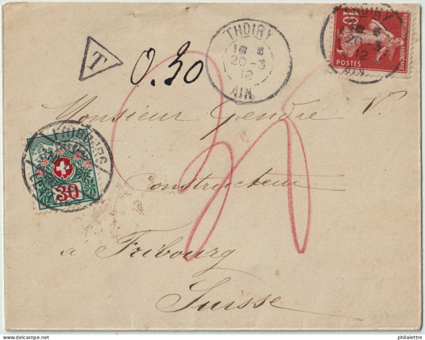 SUISSE / SWITZERLAND 1912 Cover From France To FRIBOURG Franked 10c Instead Of 25c Taxed 0fr30 With Postage Due Mi.36 - Impuesto