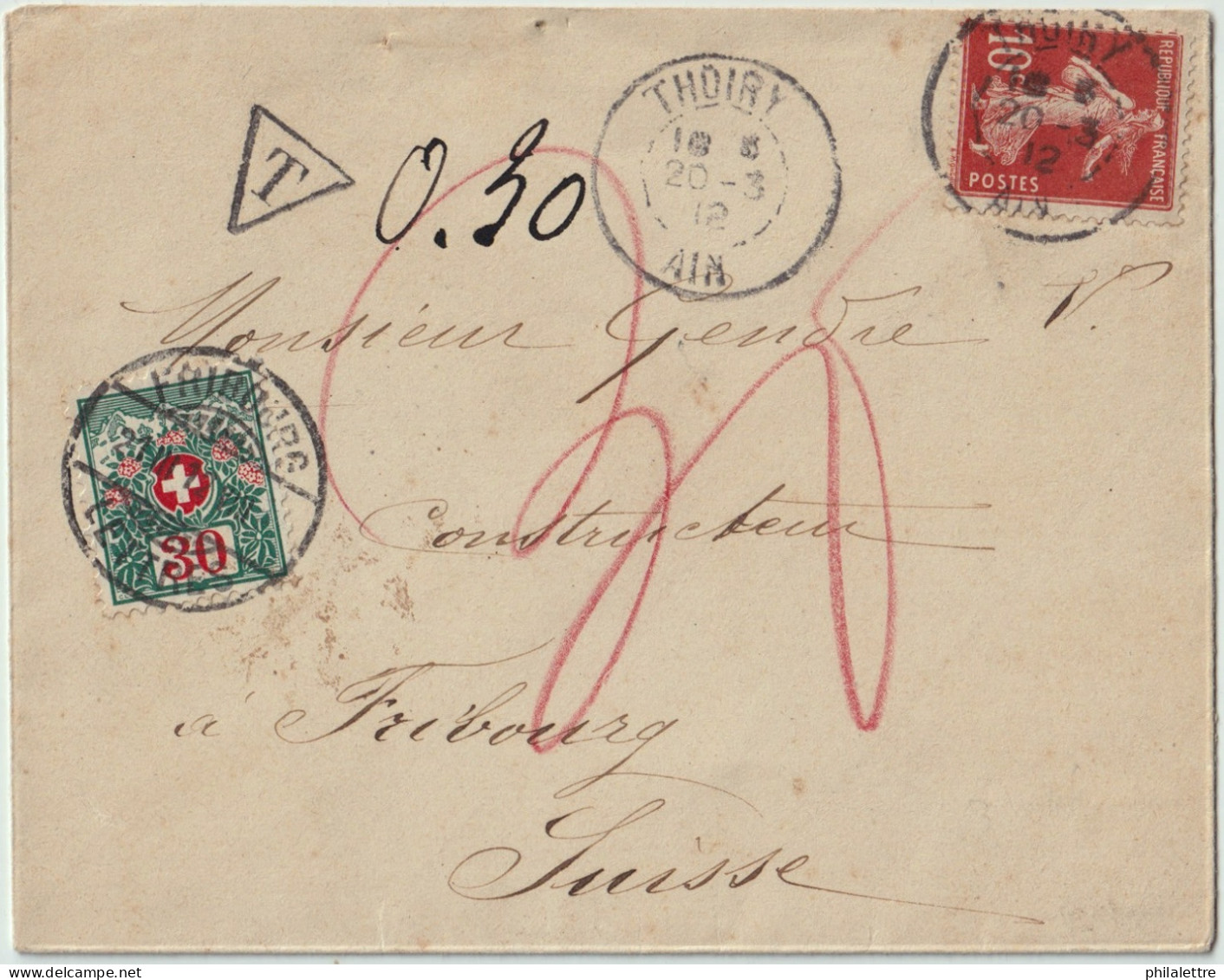SUISSE / SWITZERLAND 1912 Cover From France To FRIBOURG Franked 10c Instead Of 25c Taxed 0fr30 With Postage Due Mi.36 - Postage Due