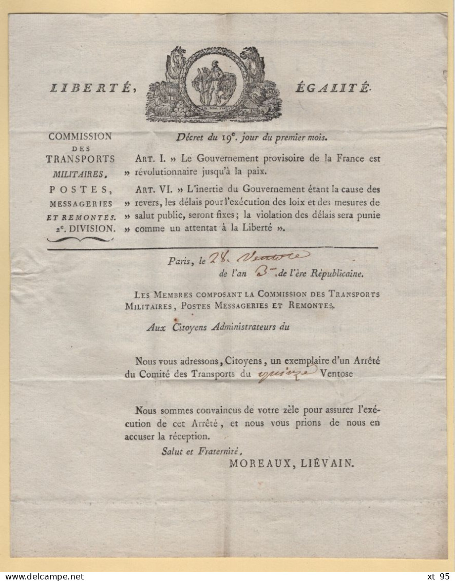 Franchise - Commission Des Transports Postes Et Messageries - Transports Militaires - An 3 - Destination Millau - 1701-1800: Vorläufer XVIII