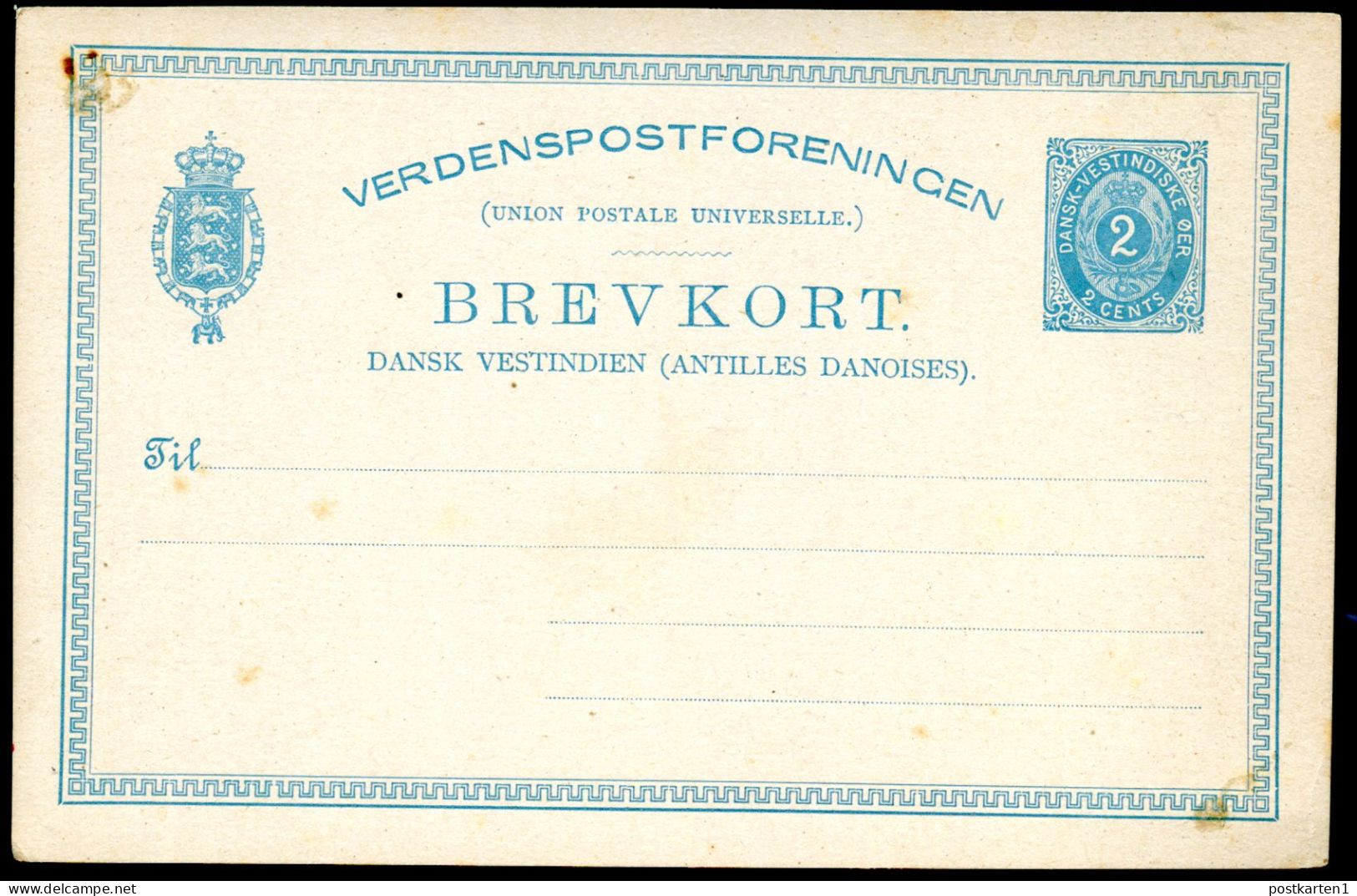 DWI Postal Card UX2 Type IV Mint 1882 - Danish West Indies