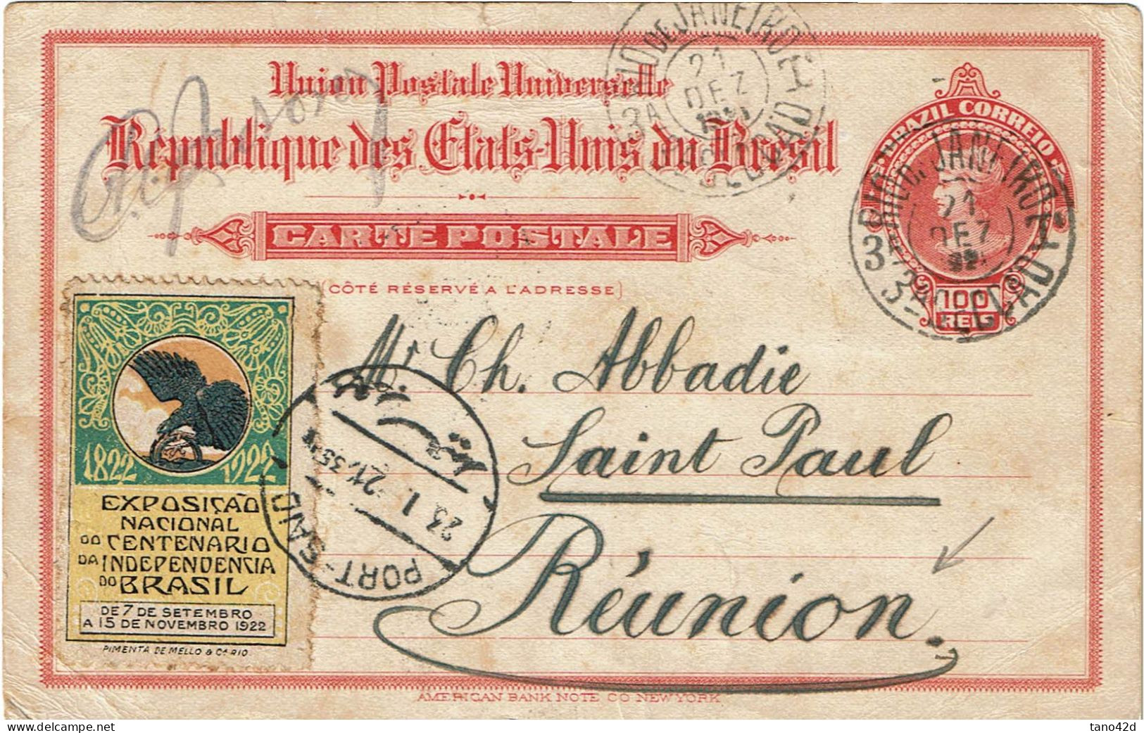 REF CTN88 - BRESIL EP CP RIO / LA REUNION PAR PORT SAÏD 21/12/1921 VIGNETTE DE L'EXPOSITION 100° ANN. INDEPENDANCE - Ganzsachen