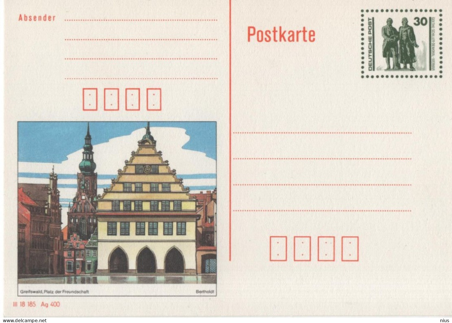 Germany Deutschland DDR 1990 Greifswald, Platz Der Freundschaft, Goethe-Schiller-Denkmal Weimar - Postcards - Mint