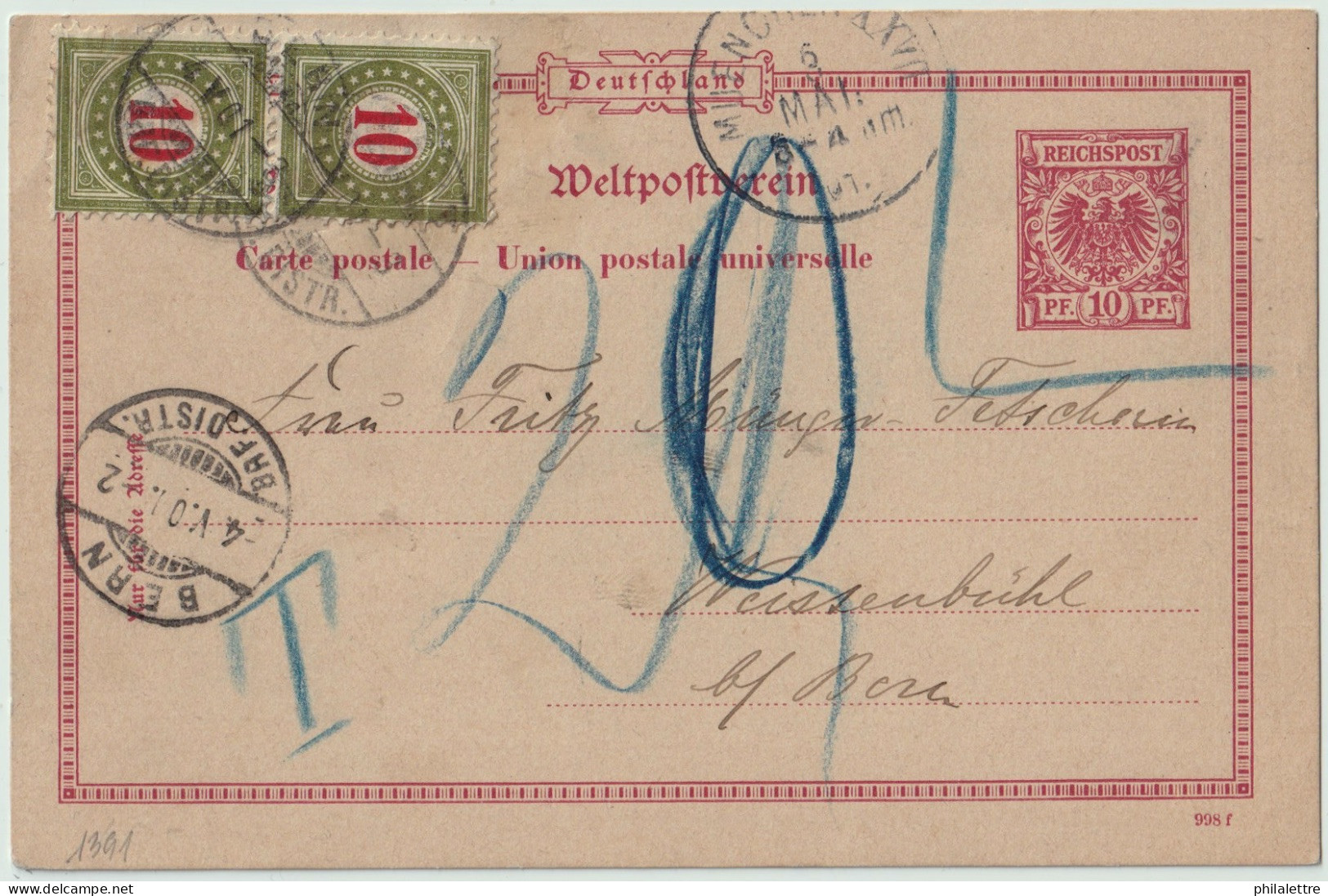 SUISSE / SWITZERLAND 1901 2xP. Due Mi.18 (18.IIBYN & 18.IIBYK) On German Postal Card Invalid In BAVARIA Used To BERN - Postage Due