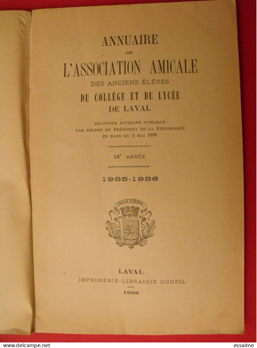 Annuaire De L'association Amicale Des Anciens élèves Du Collège & Du Lycée De Laval. 1935-1936 - Pays De Loire