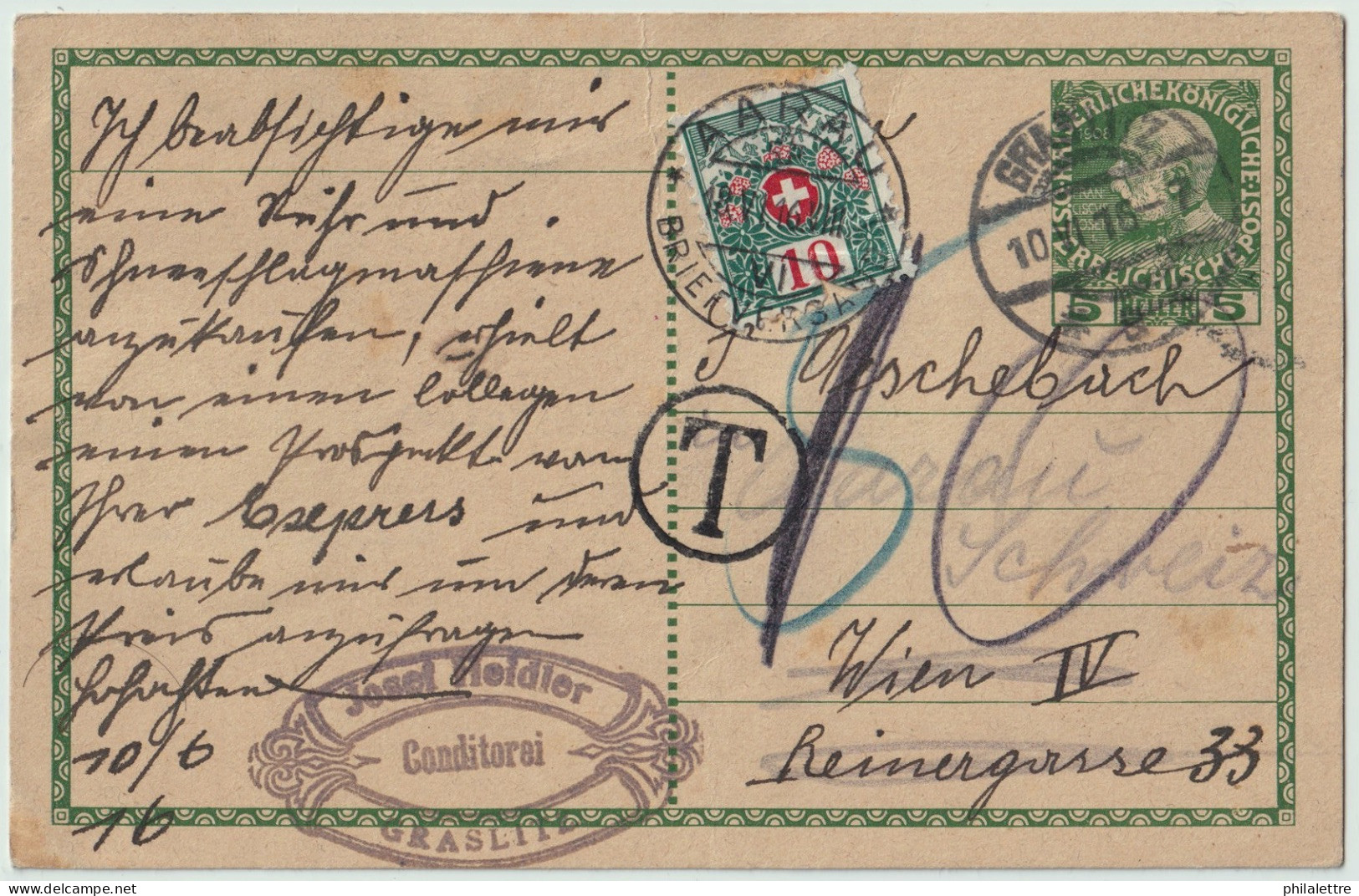 SUISSE / SWITZERLAND 1916 P. Due Mi.32 On 5h Austrian Domestic Postal Card From GRASLITZ To VIENNA, Re-directed To AARAU - Impuesto