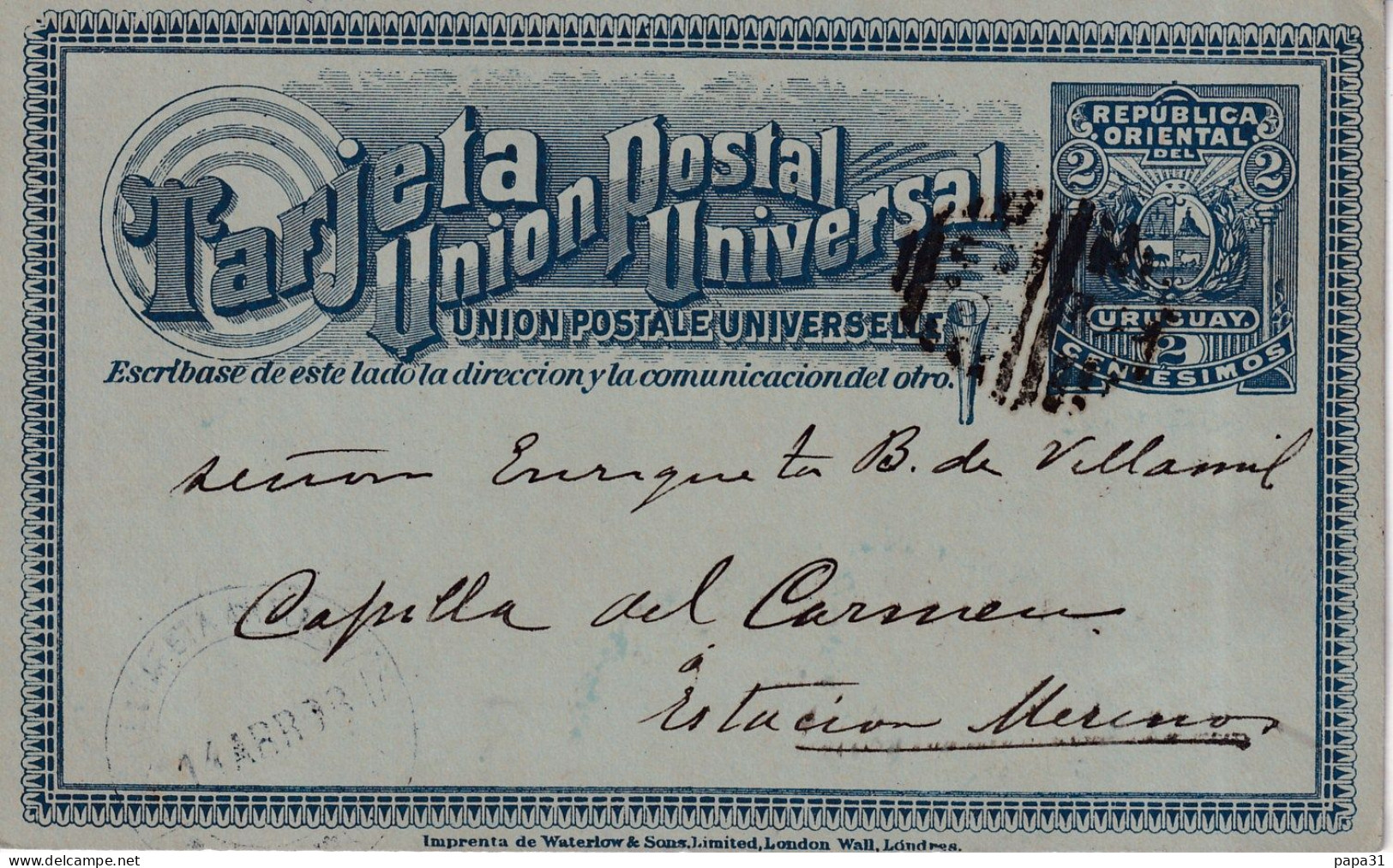 TARJATA UNION POSTAL UNIVERSAL URUGUAY1898 - Uruguay