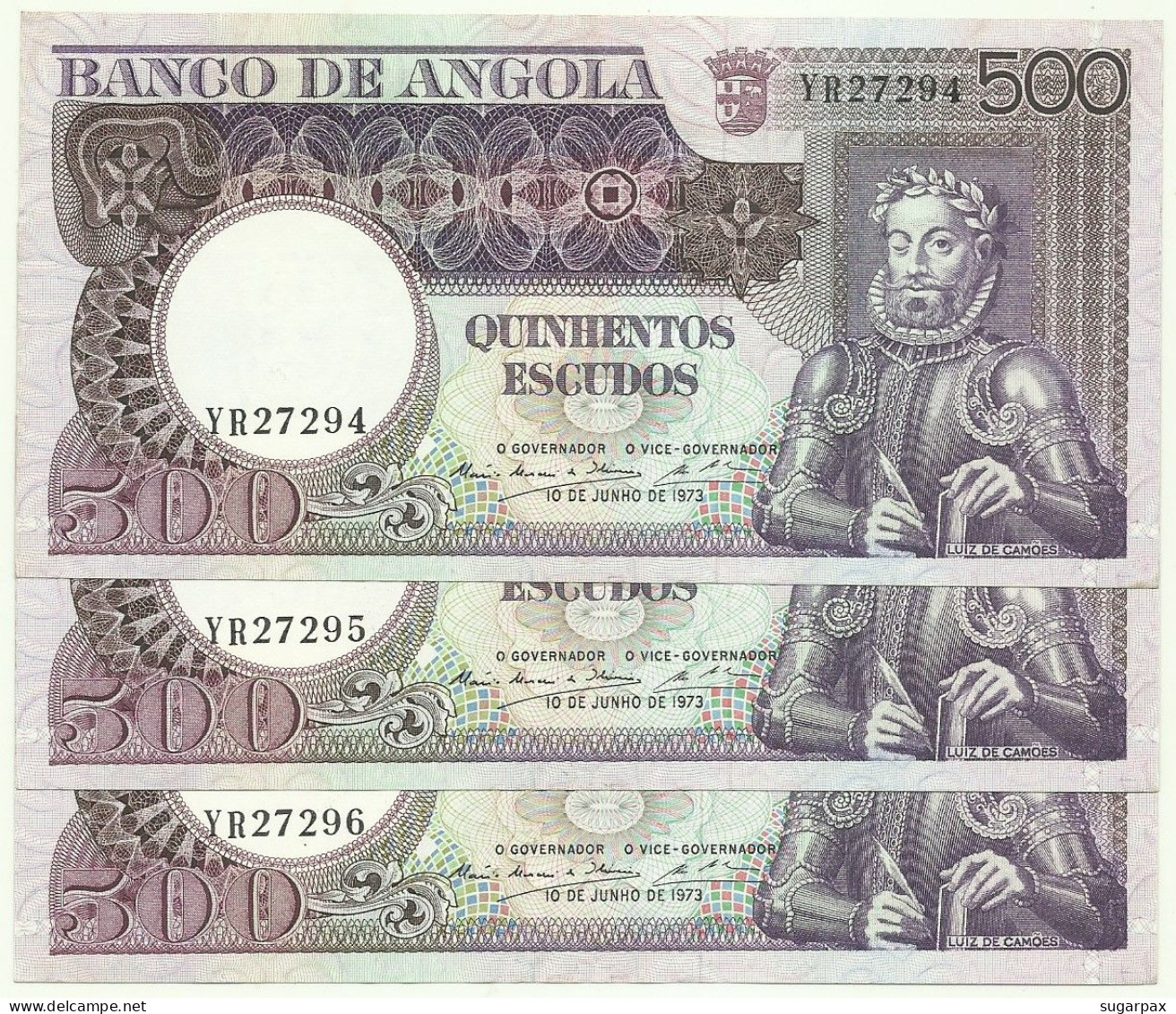 Angola - 3 X 500 Escudos Consecutive - 10.6.1973 - Pick: 107 - Serie YR - Luiz De Camões - PORTUGAL - Angola