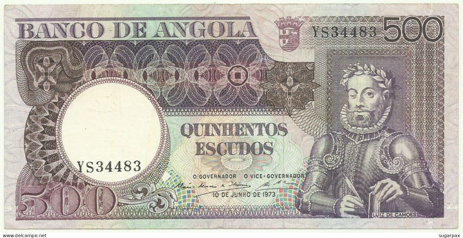 Angola - 500 Escudos - 10.6.1973 - Pick: 107 - Serie YS - Luiz De Camões - PORTUGAL - Angola