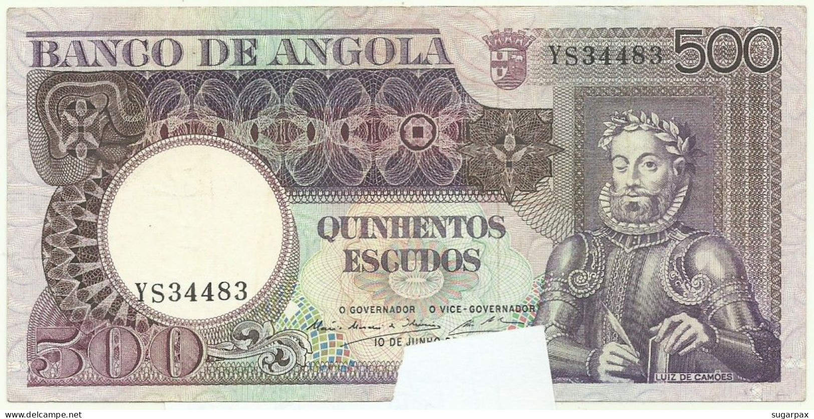 Angola - 500 Escudos - 10.6.1973 - Pick: 107 - Serie YS - Luiz De Camões - PORTUGAL - Angola