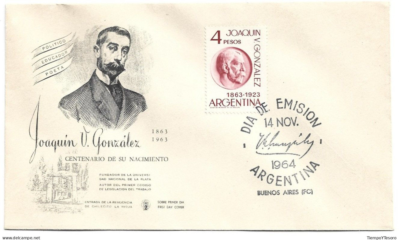 First Day Cover - Argentina, Joaquín V. Gonzalez, 1964, N°489 - FDC