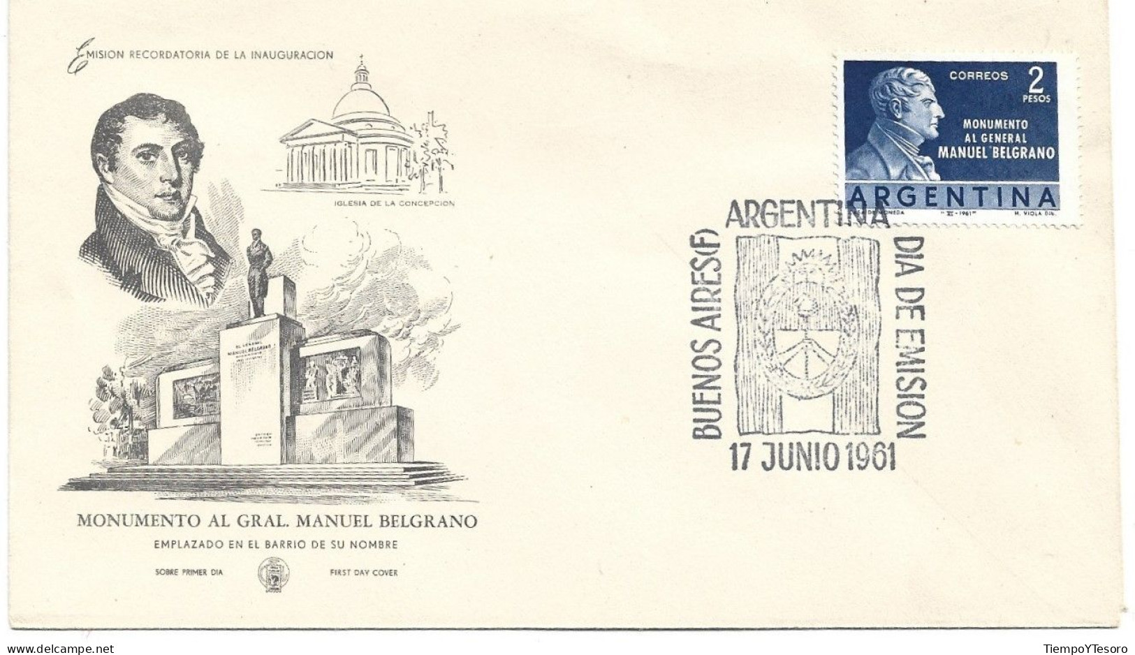 First Day Cover - Argentina, Iglesia De La Concepción, Manuel Belgrano, 1961, N°495 - FDC