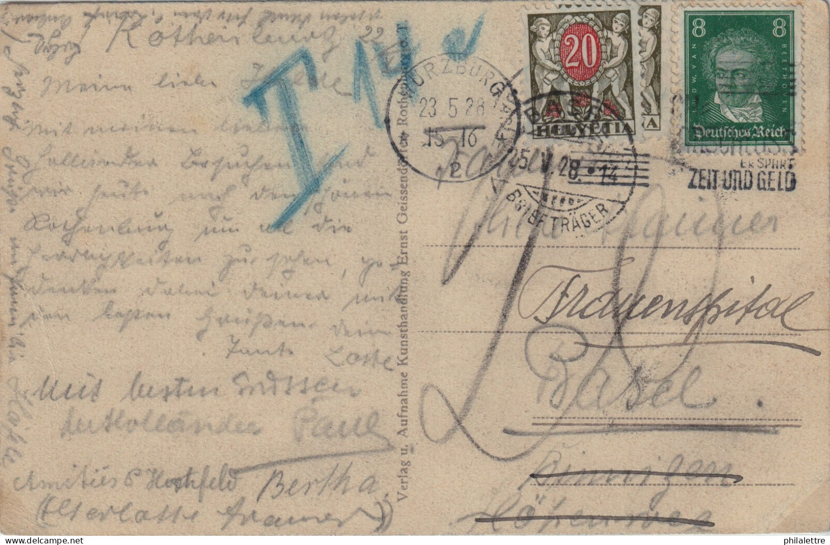 SUISSE / SWITZERLAND 1928 P. Due Mi.45x (twice) On PPC From Germany Franked 8pf Instead Of 15pf From Würzburg To Basel - Impuesto