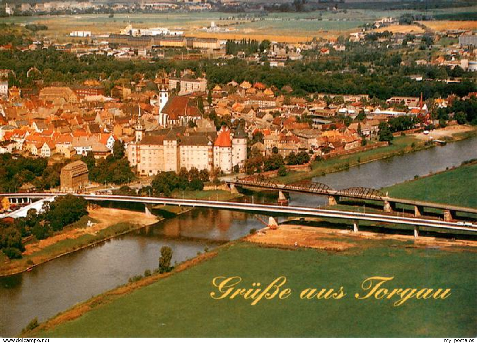 73954515 Torgau Fliegeraufnahme Mit Alter Und Neuer Elbebruecke - Torgau