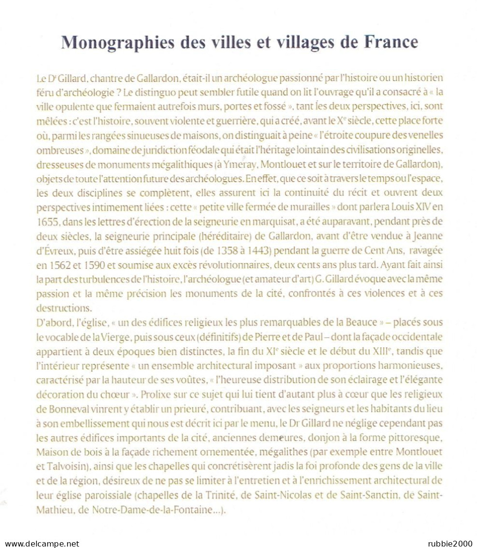 GALLARDON SES SOUVENIRS HISTORIQUES SES MONUMENTS REEDITION D EDITIONS DE 1899 ET DE 1933 MONOGRAPHIE - Centre - Val De Loire