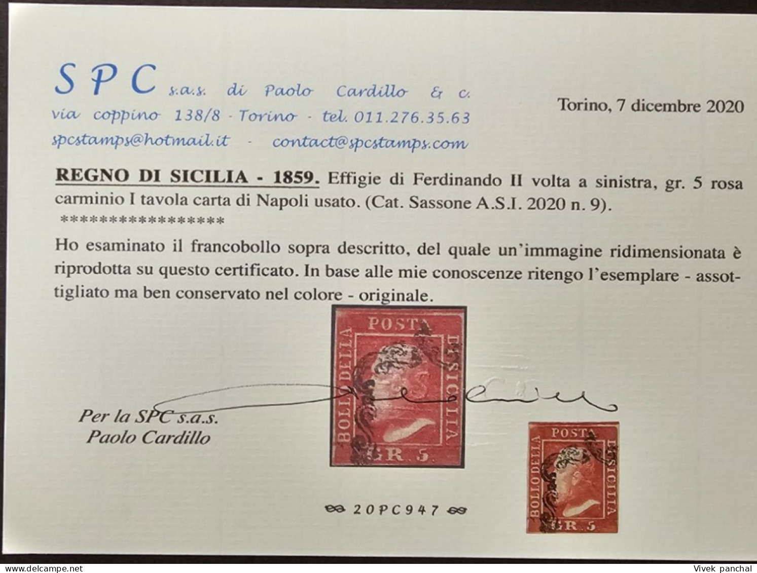 1859 Italy State Sicily Lot of 3 Stamps with Certificates 5gr