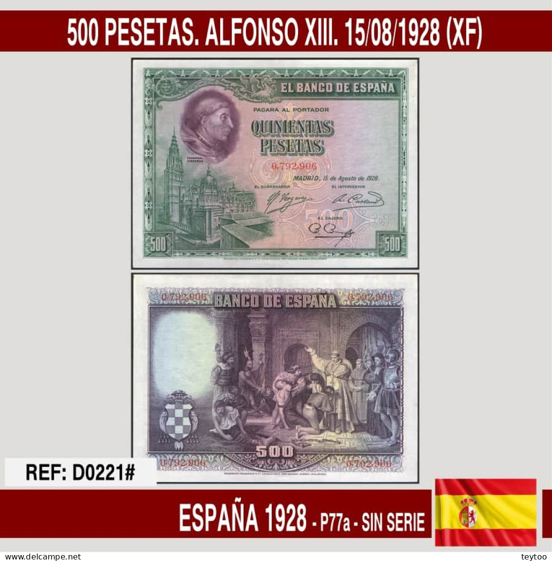 D0221# España 1928. 500 Pesetas. Alfonso XIII. 15/08/1928 (XF) P-77a - 500 Pesetas