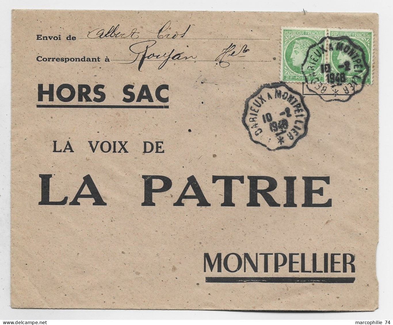 MAZELIN 2FR X2 ENVELOPPE HORS SAC CONVOYEUR DARIEUX A MONTPELLIER 10.2.1948 - 1945-47 Ceres (Mazelin)