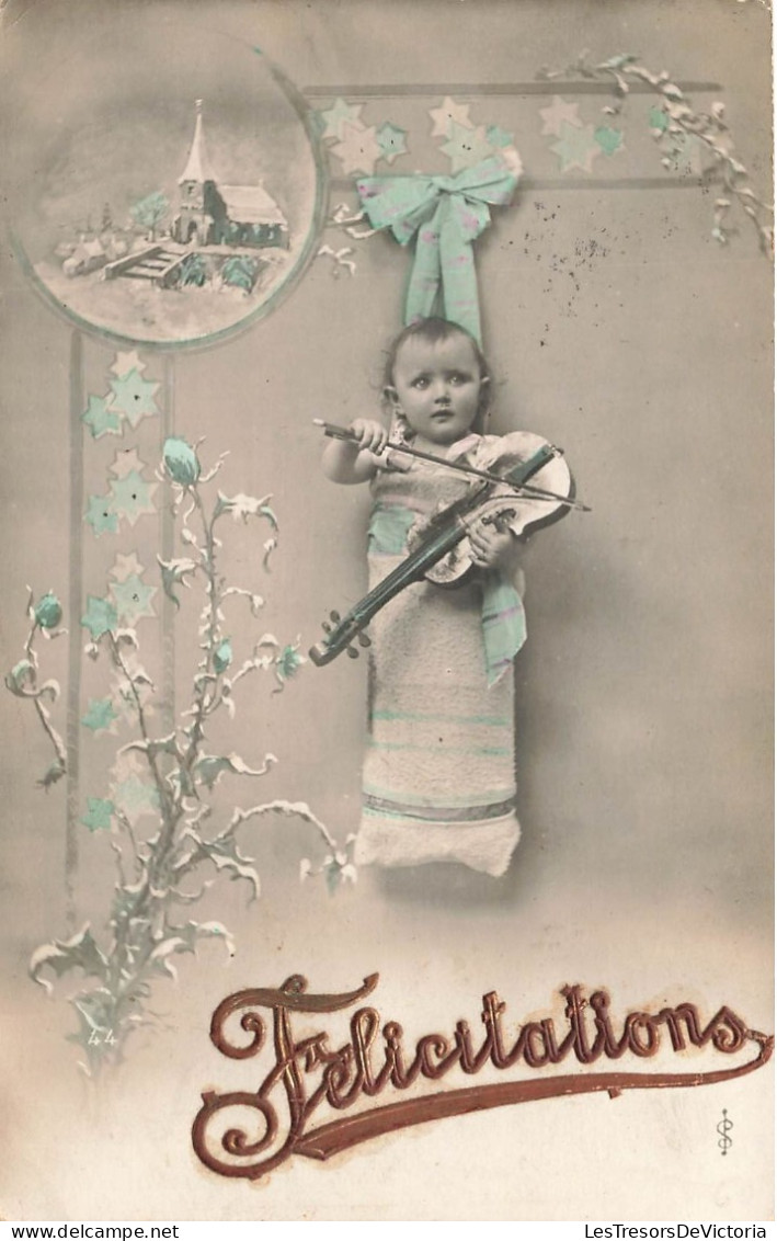 FANTAISIE - Bébé - Félicitations - Bébé Avec Un Violon - Carte Postale Ancienne - Bebes