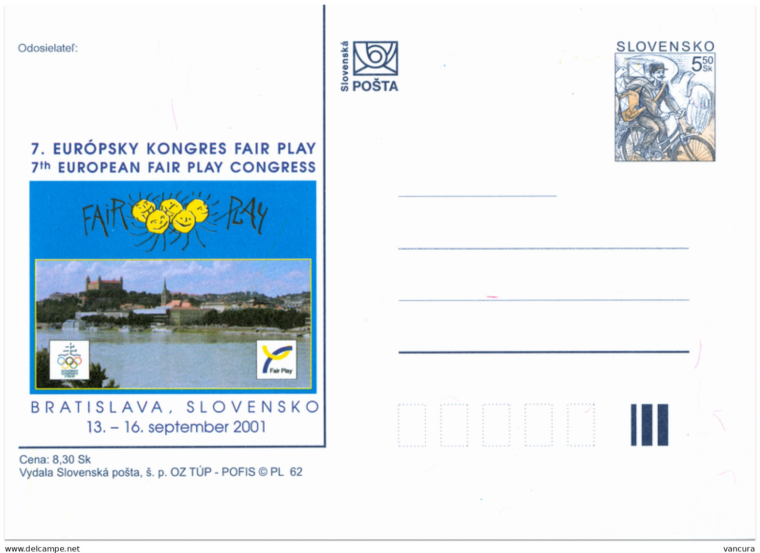 CDV 65 Slovakia 7th FAIR PLAY European Congress 2001 Danube Donau Bratislava Castle - Postkaarten