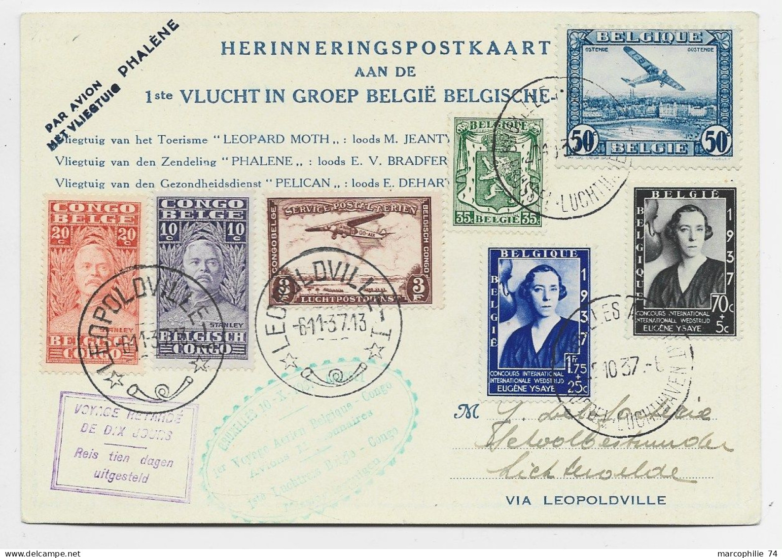 CONGO BELGE MIXTE BELGIQUE CARTE AFRIKA PAR AVION  PHALENE BRUXELLES LEOPOLDVILLE 1937 - Cartas & Documentos