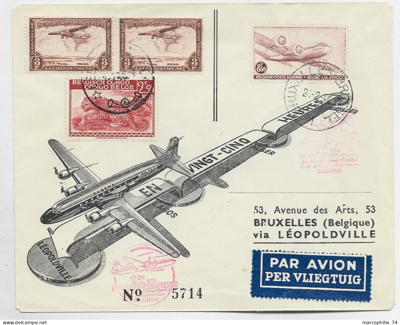 CONGO BELGE PA MIXTE BELGIQUE LETTRE COVER AVION BRUXELLES 1946 TO LEOPOLDVILLE - Cartas & Documentos