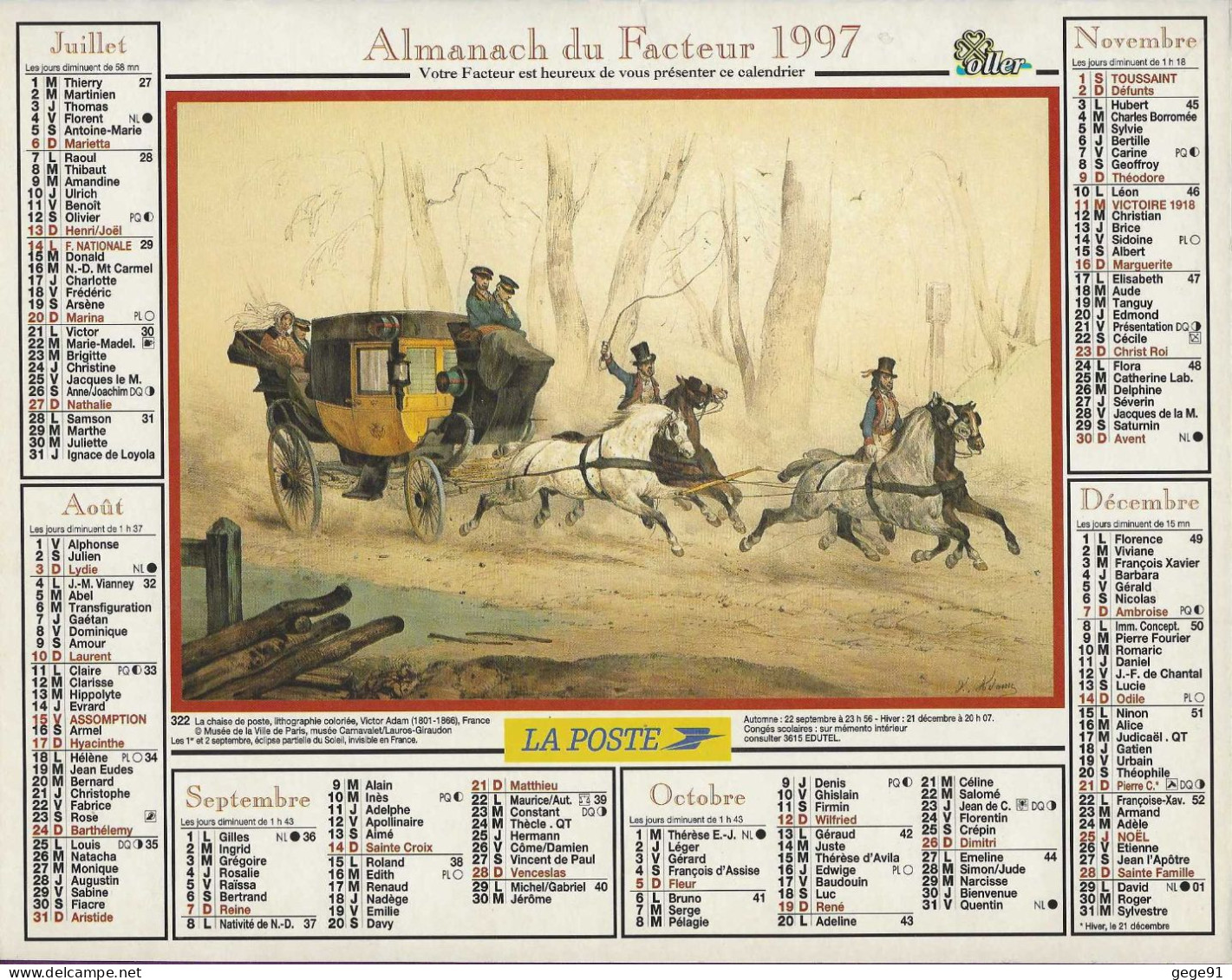 Calendrier De 1997 - Almanach - Malle-poste - Grand Format : 1991-00