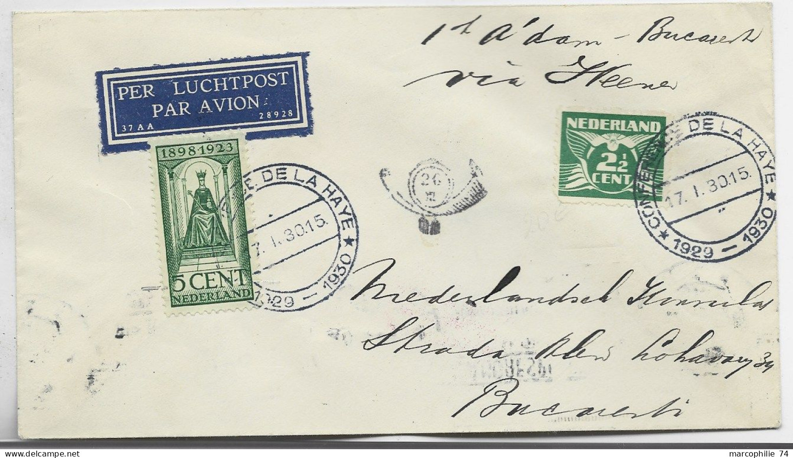 NEDERLAND 5C+ 2 1/2C LETTRE COVER AVION CONFERENCE DE LA HAYE 17.1.1930 1929 TO BUCURESTI ROMANIA - Poste Aérienne